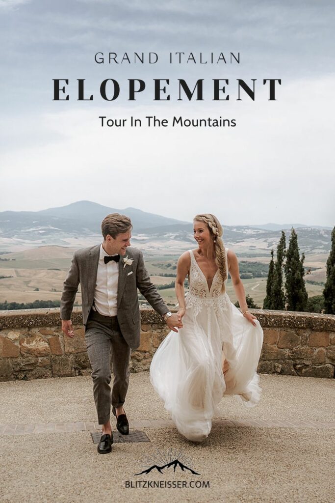 Bride and groom running together while holding hands during their grand Italian elopement, shot by Blitzkneisser; image overlaid with text that reads Grand Italian Elopement Tour in the Mountains