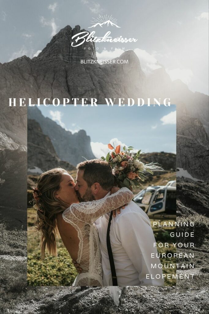 Collage of bride and groom wrapping their arms around each other and the breathtaking mountains; image overlaid with text that reads