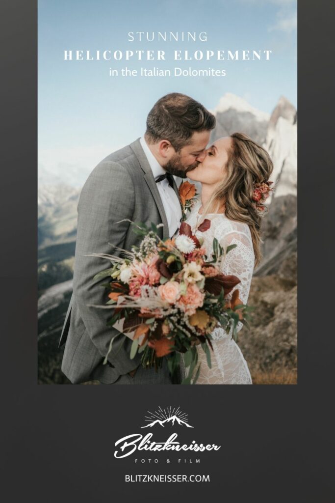 Bride and groom sharing a kiss during their elopement shoot with Blitzkneisser; image overlaid with text that reads