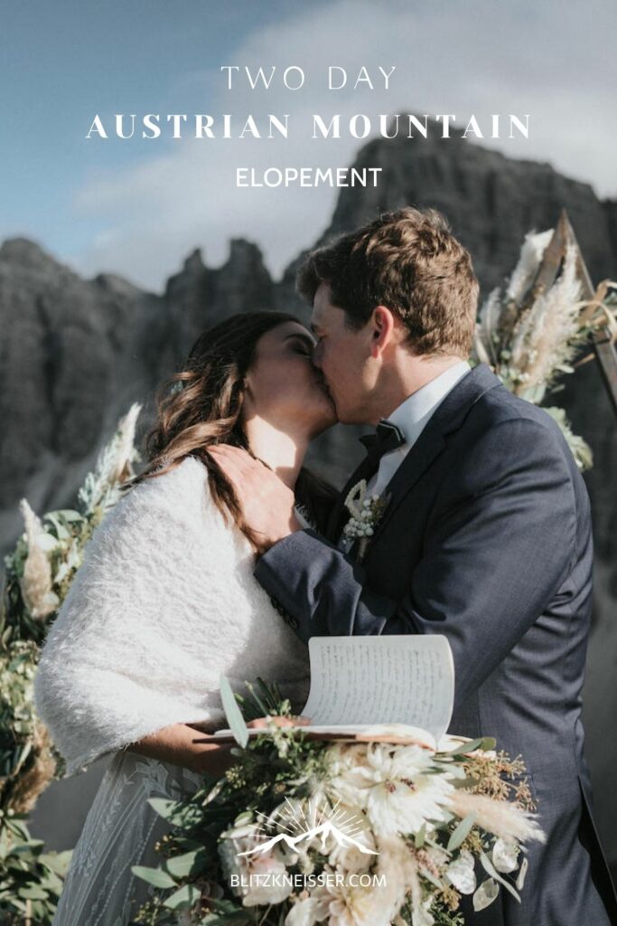 Bride and groom sharing a kiss during their elopement shoot with Promise Mountain; image overlaid with text that reads